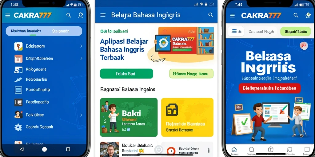 Antarmuka aplikasi CAKRA777 untuk belajar bahasa Inggris yang interaktif.