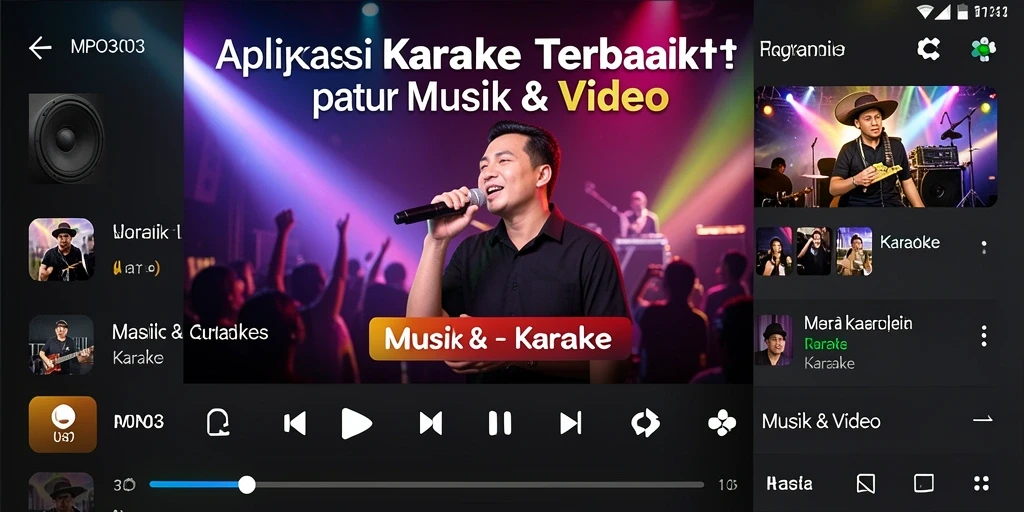 Antarmuka aplikasi Karaoke MPO303 dengan tampilan lirik dan tombol kontrol.