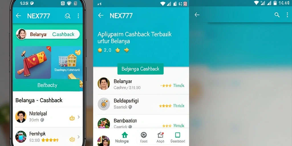 Antarmuka aplikasi NEX777 menampilkan berbagai penawaran cashback menarik.